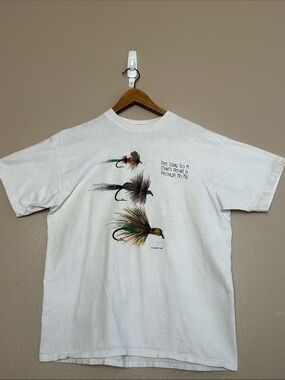Vintage 90’s Oneita Single Stitch Fly Fishing Lures Design T-Shirt. Made in USA.